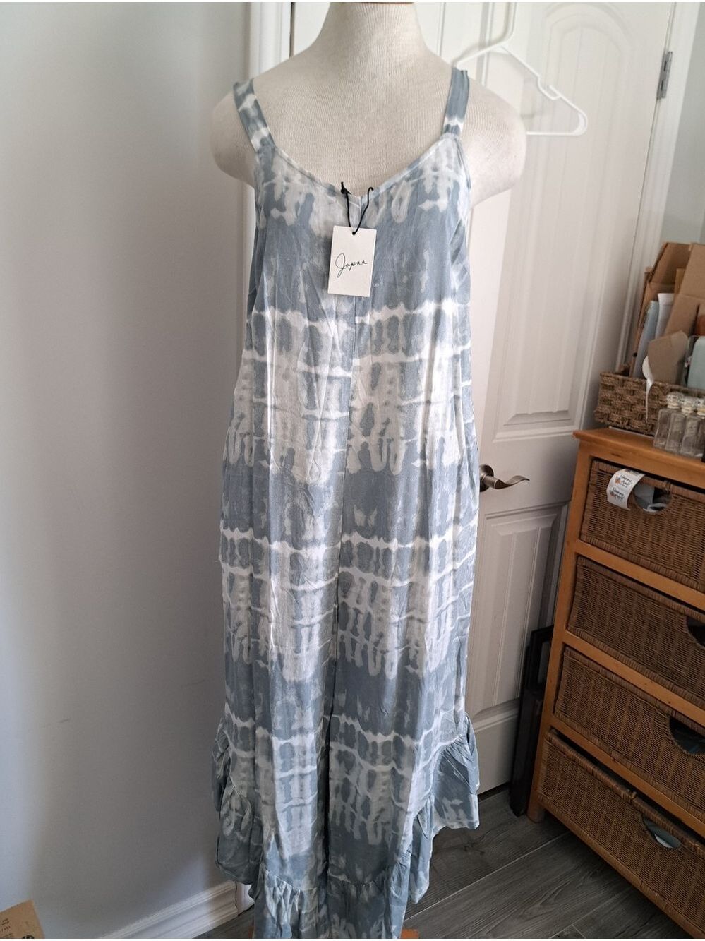 JAPNA tie Dye BOHO Flowy JUMPER Jumpsuit Ruffle Hem Loose Fit Beachy Comfy MED